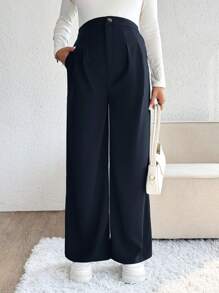 SHEIN Maternity Plain Pocket Pleated Wide Leg Casual Pants - Royal Blue - View 4