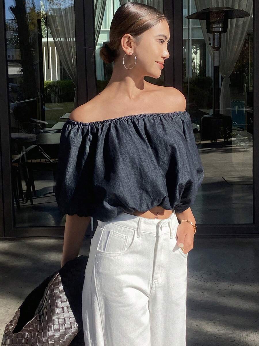 DAZY Women's Off Shoulder Short Sleeve Ruffle Denim Top