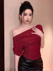 DAZY 女士休闲斜肩短袖上衣，亮片露脐上衣 - 酒紅色 - 查看 5