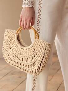 MOTF PREMIUM 时尚度假编织手提包 - 米色 - 查看 5
