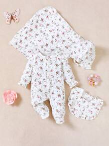 Newborn Baby Girls Cute Ditsy Floral Long Sleeve Romper With Ruffles & Hat, Bib, Swaddle Blanket 5 Pieces Set, Comfortable Infant Clothing Set - Multicolor - View 4