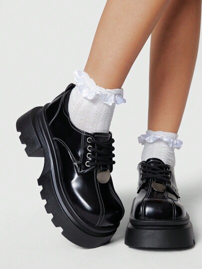 Grunge Punk Zapatos Mary Jane de punta cerrada negros para mujer, oxfords con cordones y plataforma, tacones gruesos, zapatos planos tipo uniforme de oficina, estilo colegial