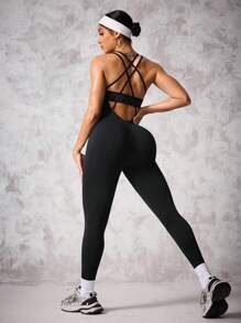 Easithlete Women's Solid Color Hollow Out Minimalist Slim Fit Casual Sports Jumpsuit - Black - View 5