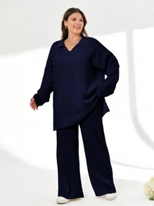 EURMUSE 2pcs/Set Solid Color Turn-Down Collar Sweater And Long Pants Outfit - Navy Blue - View 3