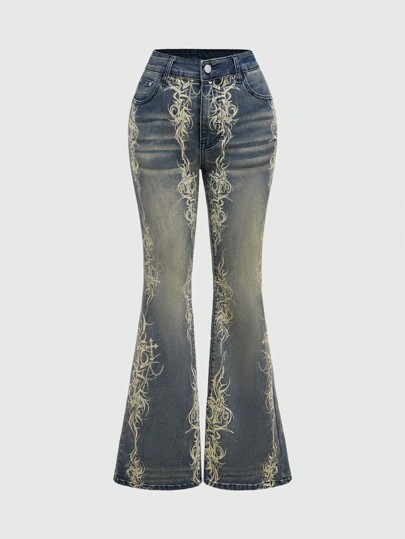 ROMWE Avant Jeans évasés vintage gothique avec imprimé déchiré de style punk de rue