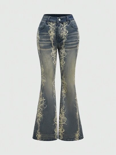 ROMWE Avant 朋克街头复古破洞哥特式印花喇叭牛仔裤