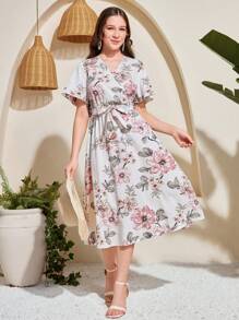 SHEIN Leap Crew 少女花卉印花长款夏季系带 A 字裙，优雅适合夏季、度假、海滩和通勤 - 白色 - 查看 4