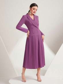 Modelyn 女士纯色垂领长袖百褶下摆中长连衣裙