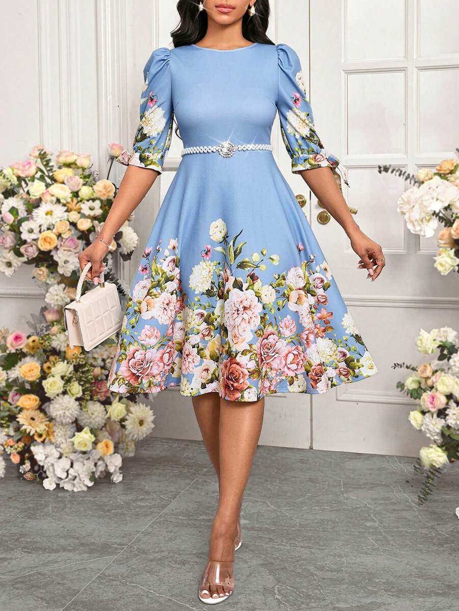 SHEIN Lady 蓝色印花修身女士连衣裙 女装 A 字型优雅女士连衣裙 - 白色 - 查看 1