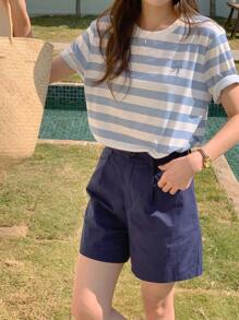 DAZY Women Crew Neck Striped Embroidered Bow Short Sleeve T-Shirt Summer - Blue - View 3