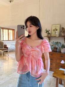 DAZY Blusa con doble capa en el bajo y pliegues frontales con estampado de flores de durazno para mujer - Rosa - Ver 5