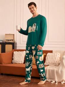 Happy Jammies Conjunto de pijama de pantalón largo y top de manga larga con estampado de vaca para hombre