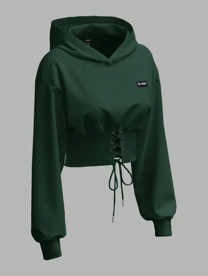 SHEIN EZwear 女款橄榄绿色字母印花十字结前襟连帽卫衣（秋冬款）