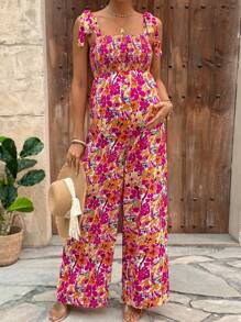 SHEIN Bohemian Floral Print Bow Strap Maternity Jumpsuit - Multicolor - View 7