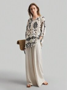 Ontre Áo thun nữ tay lỡ rộng rãi họa tiết hình học thường ngày Boho Bohemian - Màu be - Xem 2