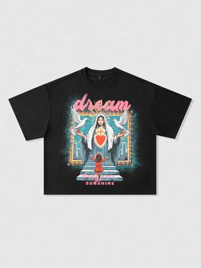 Street Life Men's Oversized Virgin Mary Graphic Print T-Shirt, Loose Short Fit