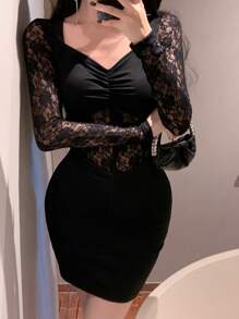 DAZY Sheer Lace Patchwork Fitted Waist Mini Black Dress For Women,Fall Dress Long Sleeve Dress