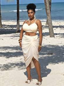 Slaydiva Plus Size Shell Decor Asymmetric Hem Skirt 2 Pieces Set, Linen Feel - White - View 3
