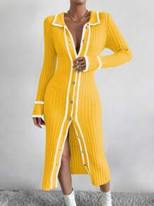 SHEIN Clasi Women Collar Button Front Long Sleeve Fitted Sweater Dress - Multicolor - View 7