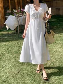DAZY Đầm dài vừa phải cổ chữ V tay bồng trang trí nơ cho nữ mùa hè - trắng - Xem 6