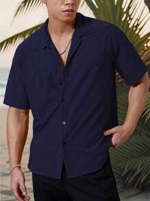 Manfinity Homme Men's Vacation Casual Style, INS Matched With A Knitted Black And White Geometric Striped Crochet Textured Jacquard Loose Short-Sleeve Shirt. Featuring A Button Placket, This Shirt Embodies French Elegance And Romance, Making It Perfect For Hawaiian Beach Vacations, As Well As Music Festivals And Everyday Wear. It Also Serves As An Ideal Gift For Boyfriends Or Husbands. Men's Striped Short Sleeve Single-Breasted Casual Commuter Shirt, Cool Shirts For Men, Nice Shirts For Men, Men's Fashion Shirts - Navy Blue - View 2