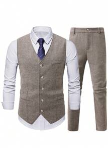 Manfinity Mode Plus Size Men's Simple Fashion Casual Vest And Trousers Set, Daily Wear