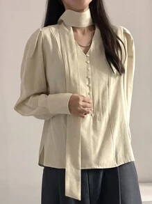 DAZY 女士纯色长袖简约通勤上衣，休闲日常穿着 - 卡其色 - 查看 6