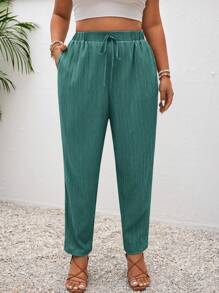 SHEIN Frenchy Plus Size Vacation Solid Color Knotted Casual Pants With Pockets - Green - View 3