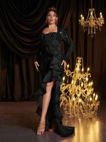 Glamrae Plus Size Sequin Patchwork Organza Multi-Layer Exaggerated Ruffle High Waist Elegant Evening Dress, Wedding Guest Dress, Party Dress, Formal Dress,Gown