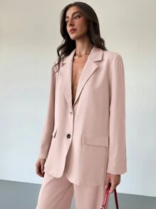 Aloruh 年轻女士简约通勤灰色纹理超大宽松长袖西装外套 - 淺粉色 - 查看 8