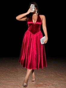 Viva Relle Plus Size Women Deep V-Neck Tie Front Sleeveless Solid Color Sexy Dress,Valentine - Burgundy - View 5