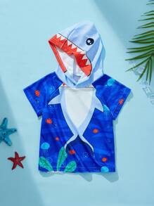 SHEIN 男婴可爱卡通鲨鱼图案连帽衫，海洋印花，适合夏季海滩度假和户外活动 - 藍色 - 查看 1