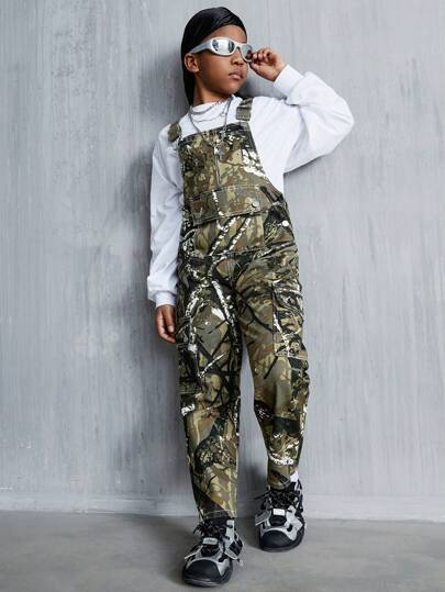 Mono de peto de mezclilla estilo urbano camuflado lavado para niños preadolescentes, con bolsillos múltiples