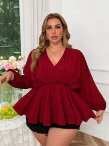 SHEIN Unity Plus Size V-Neck Textured Fabric Elastic Waist Batwing Sleeve Long Shirt - Burgundy - View 5