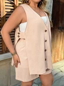 SHEIN VCAY 2 pièces Ensemble Top décontracté texturé sans manches et short à taille élastique pour femmes grande taille - Kaki - Voir 4