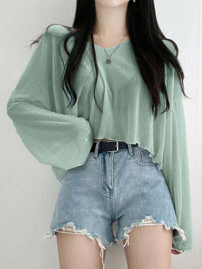 DAZY Women Solid Color Loose V-Neck Short T-Shirt, Spring & Summer Sheer Long Sleeve Women Tops,Fall Women Clothes Crop Women Tops
