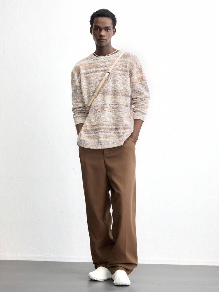 SHEIN Maija Men's 2025 Spring/Summer New Beige Round Neck Pullover Asymmetrical Striped Long Sleeve Loose Casual Everyday Office Commute Fashion Minimalist T-Shirt, Suitable For Valentine's Day, New Year Party