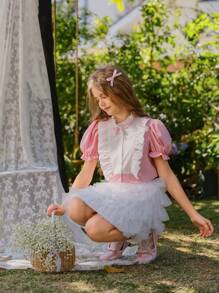 SHEIN 2 buc ținută pentru fete interioare, bluză roz cu mâneci bufante și fustă albă din tul din plasă, primăvară/vară - Multicolor - Vizualizare 5