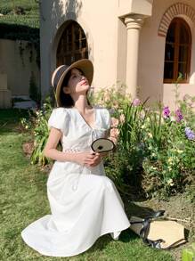 DAZY Đầm dài vừa phải cổ chữ V tay bồng trang trí nơ cho nữ mùa hè - trắng - Xem 8