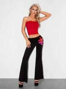 EgrlEra Women's Racy Red Splice Lace Trim Bandeau Top - Red - View 3