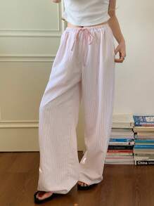 CovetEZ Pink Stripe Woven Loose Wide Leg Casual Pants For Women - Pink - View 5