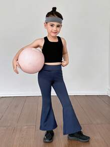 SHEIN Young Girl Solid Color Fitted Flare Leg Knit Sweatpants - Navy Blue - View 3