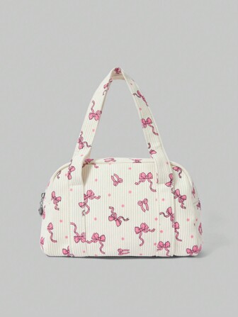 Kawaii Tan Corduroy Bow & Polka Dot Print Women Handbag, Cute Bow Bag For Women