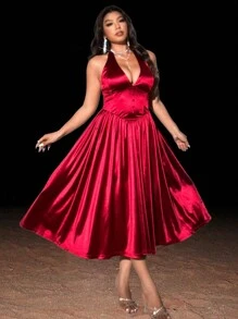 Viva Relle Plus Size Women Deep V-Neck Tie Front Sleeveless Solid Color Sexy Dress,Valentine - Burgundy - View 6