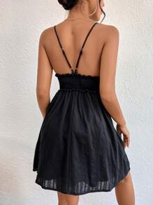 Breezaya 纯色荷叶边褶皱吊带连衣裙 女式度假海滩装 - 黑色 - 查看 2