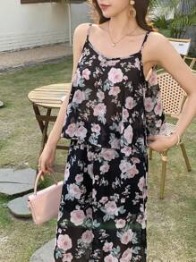 DAZY Bộ 2 áo yếm in hoa và quần ống rộng cho nữ - màu đen - Xem 2