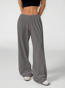 SHEIN VCAY 大码女式纯色抽绳腰直筒休闲裤 - 灰色 - 查看 4