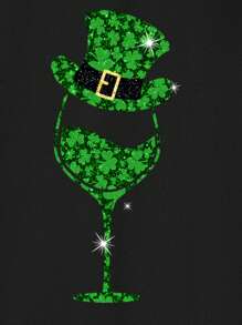 Manfinity Homme 圣帕特里克节时尚休闲三叶草、金色箔效果酒杯、帽子元素印花情侣T恤，适合派对聚会、约会、男友礼物 - 黑色 - 查看 3