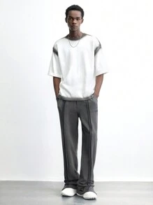 Maija 男士 2025 年春夏灰色撞色拼接宽松直筒裤，带侧袋和下摆开衩，日常休闲穿着，通勤风格，适合节日、新年聚会