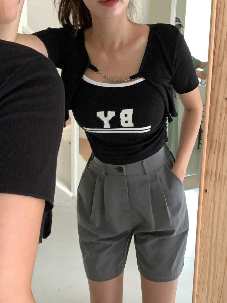 Women's Letter Graphic Wrap Cami Top & Tank Top 2pcs Set, Black, Spring/Summer